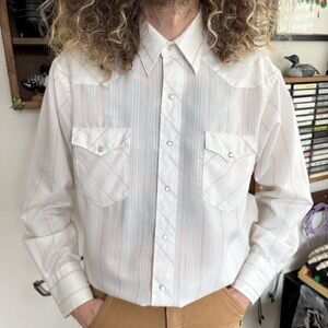 Vintage 80s Wrangler Semi Sheer Pearl Snap Striped Western Work Shirt ~ Size L